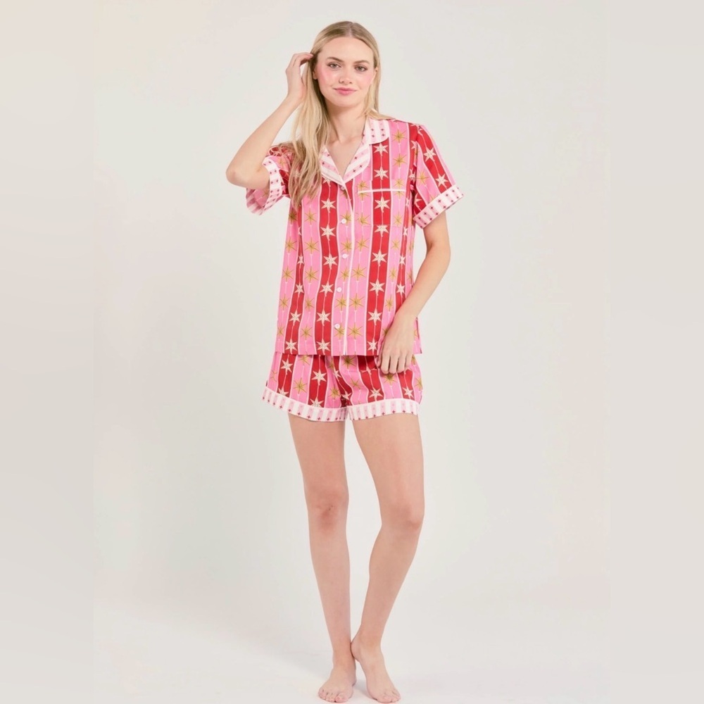 Katie Kime sz XS pajama shorts set red pink star Bright Holiday Design NWT